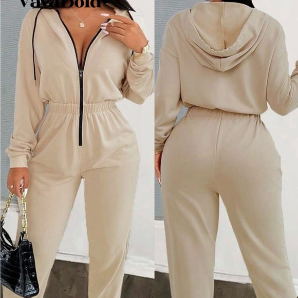 Pants - Beige Hooded Jumpsuit with Zipper